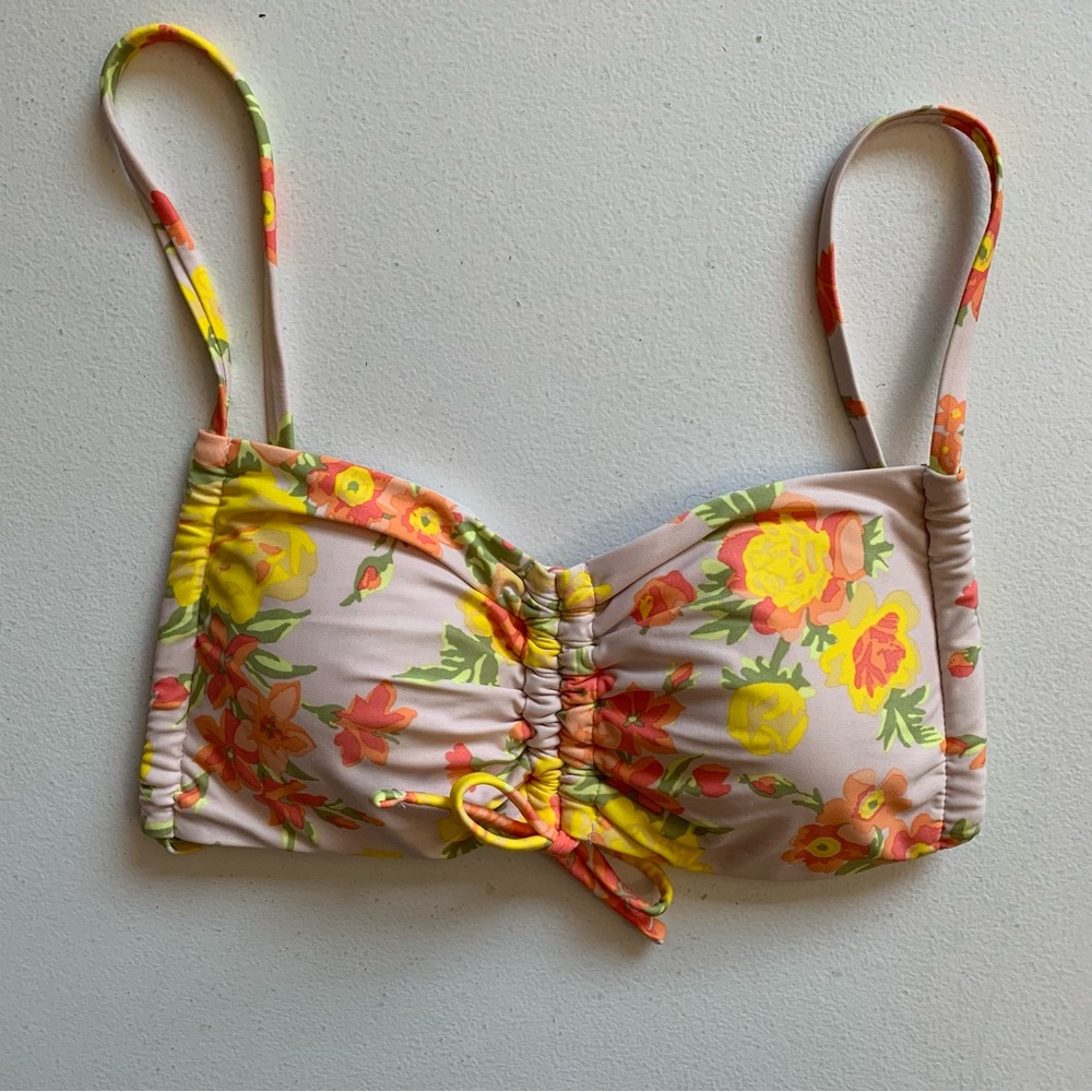 Aerie Size Medium Bandeau Bikini Top Orange & Yellow Floral NWOT